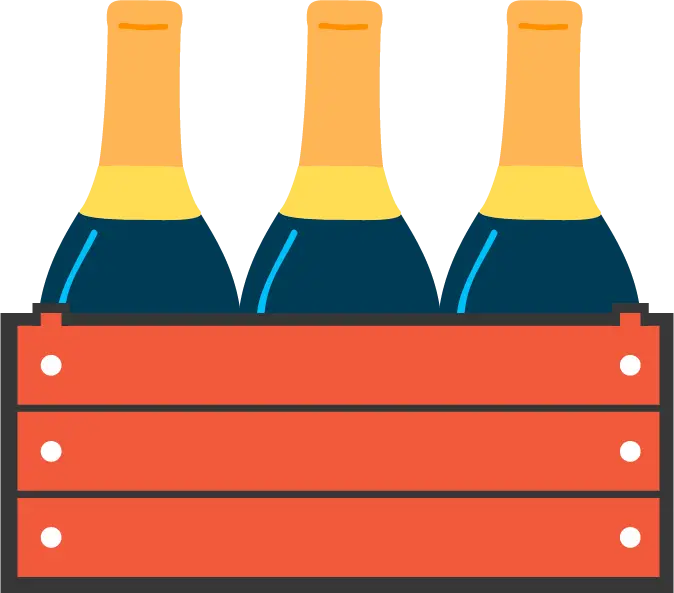 Illustration of a crate with wine bottles inside, representing a curated wine delivery box.