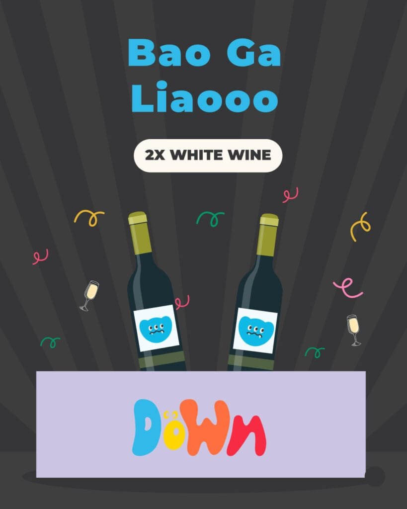 Two white wine bottles in a Down box with colourful confetti and the title &ldquo;Bao Ga Liaooo.&rdquo;