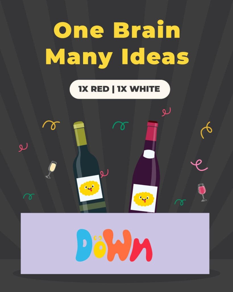A Down box containing one red wine and one white wine, surrounded by confetti with the words &ldquo;One Brain Many Ideas.&rdquo;